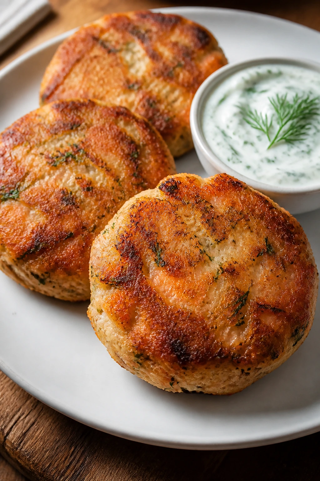 Close-up salmon cakes with dill yogurt sauce on plate
