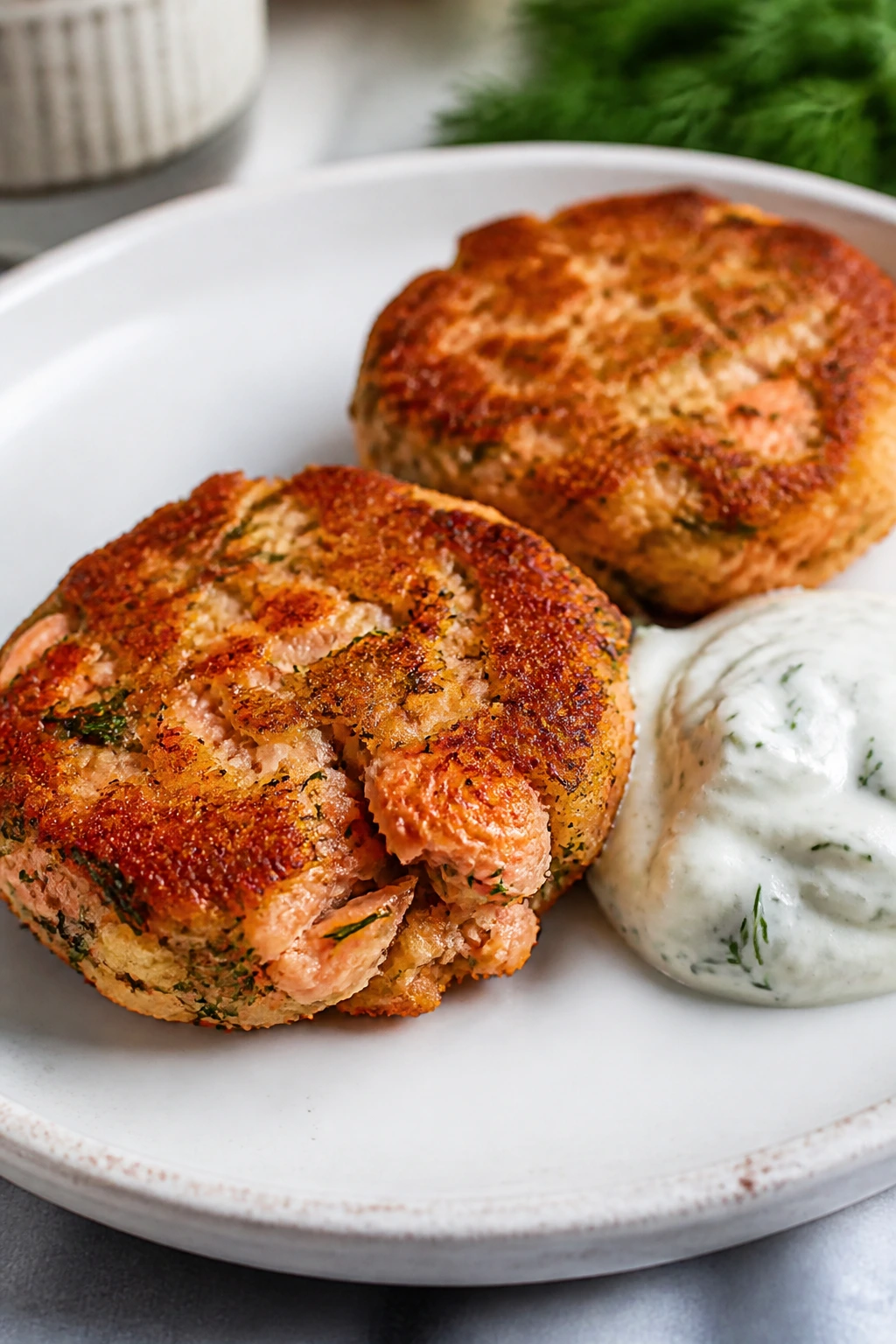 Salmon cakes with dill yogurt sauce on a white plate