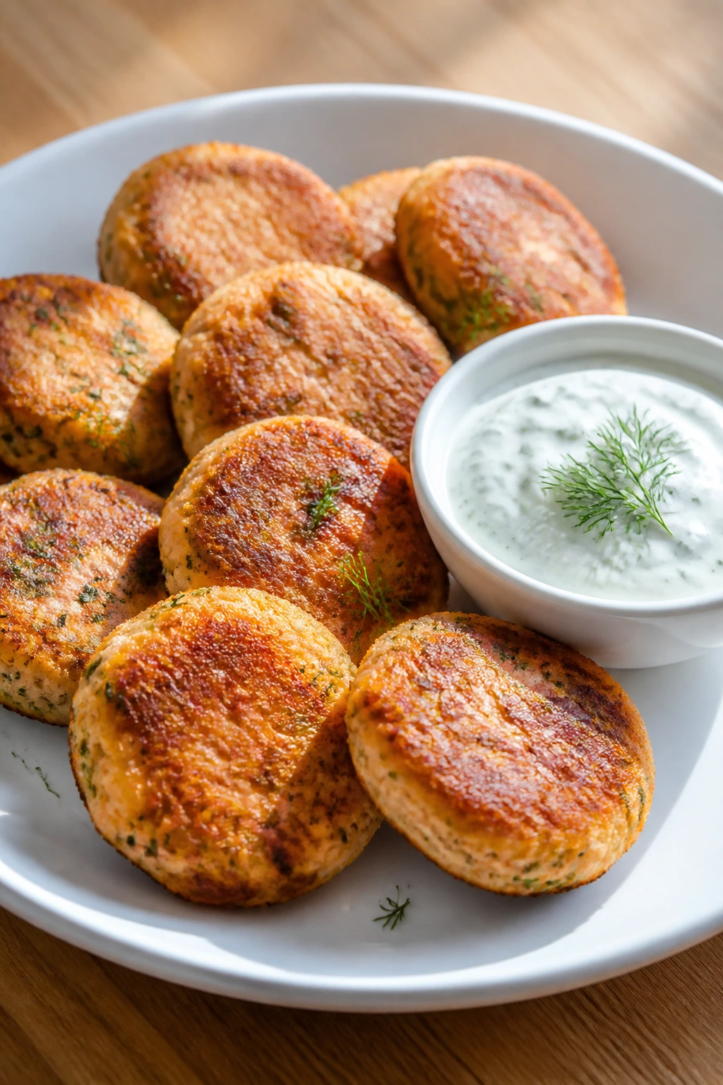 Plate of mini salmon cakes with dill yogurt dip