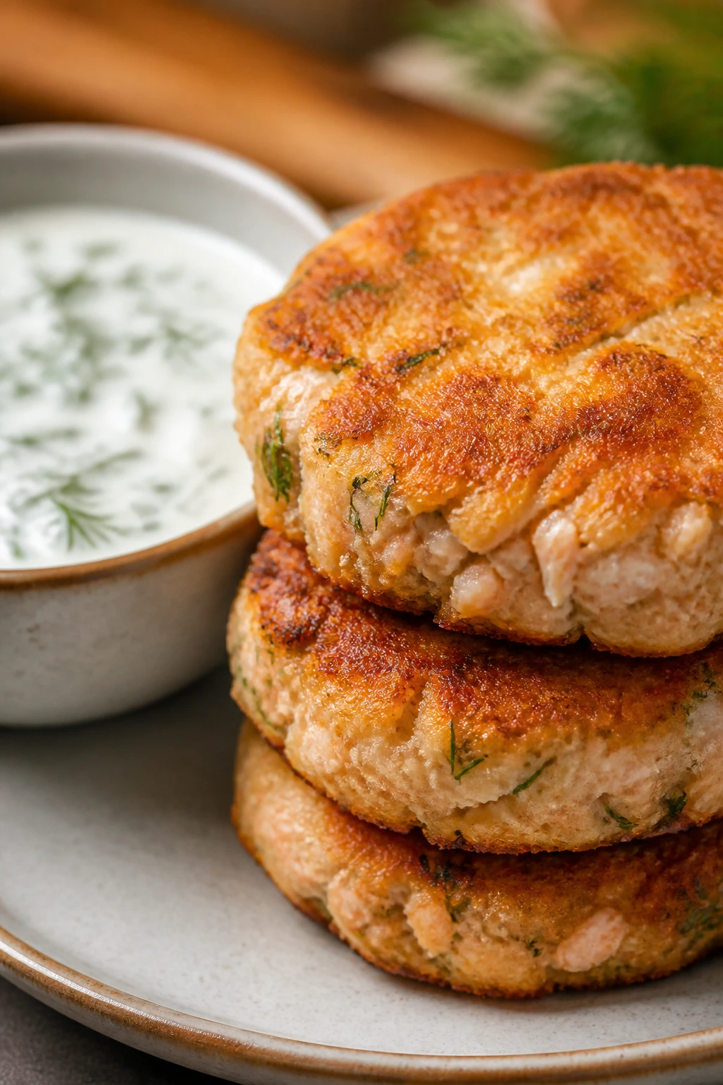 Close-up of salmon cakes on a plate with a crisp golden crust