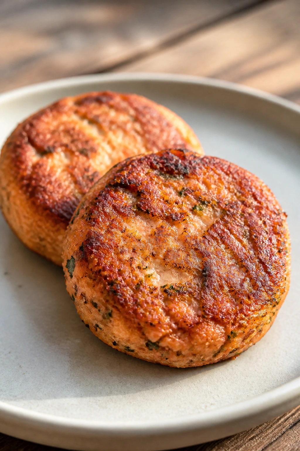 Gold salmon cakes on plate with herbs