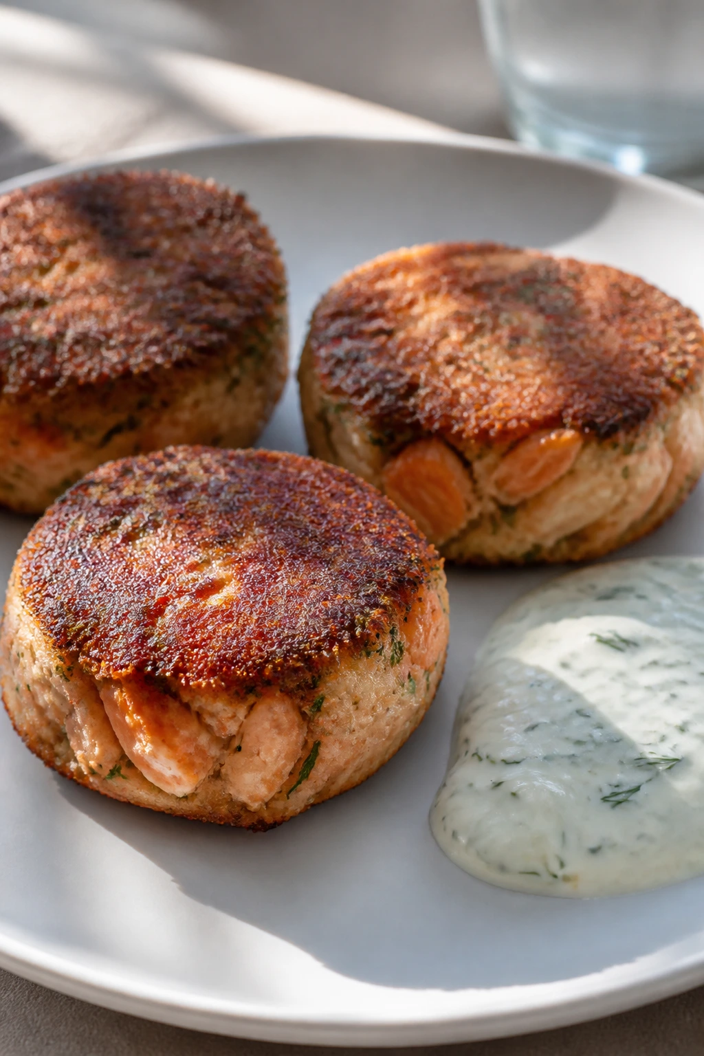 Close-up of salmon cakes on a plate with lemon-dill sauce
