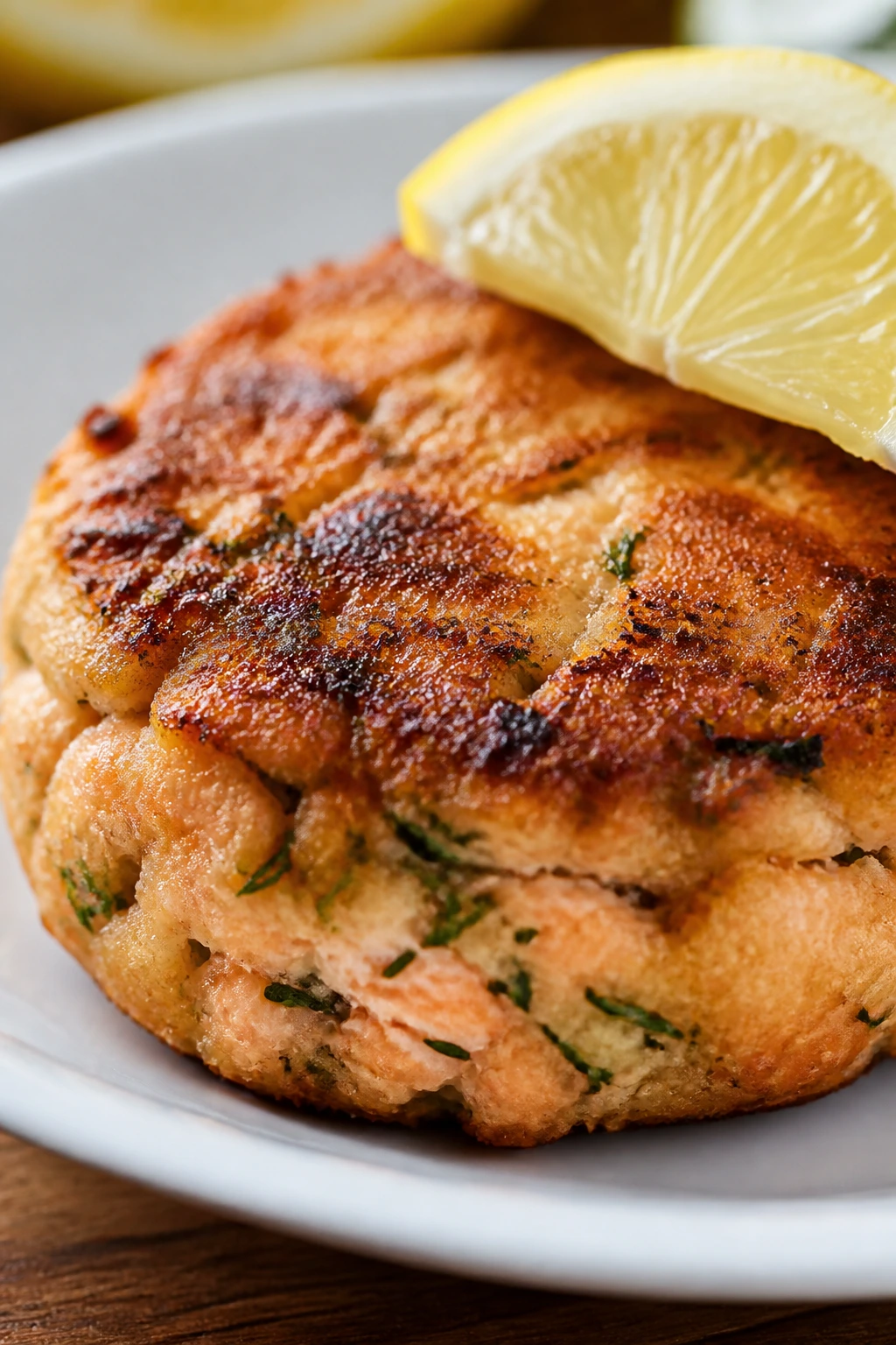 Close-up of lemon herb salmon cake with lemon wedge on plate