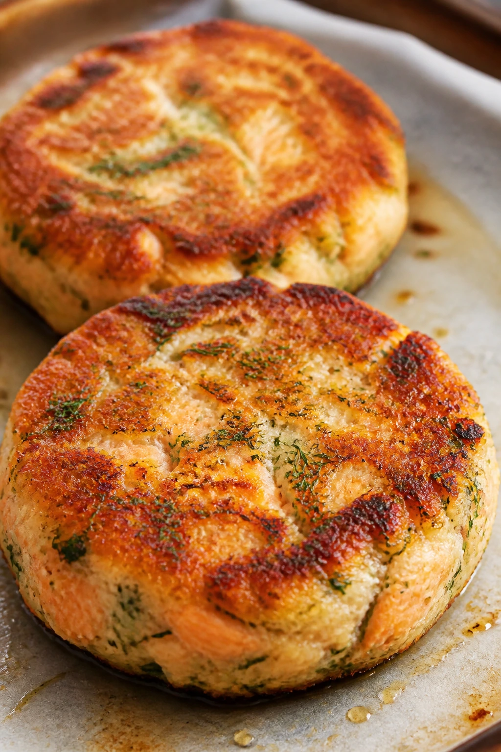 Close-up of lemon herb salmon cakes on parchment in bright kitchen