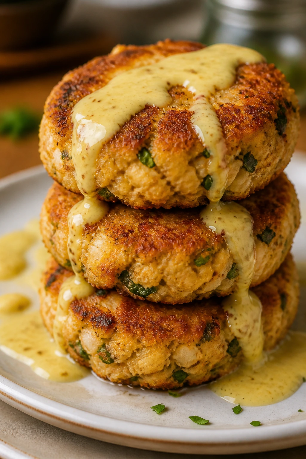 Golden salmon cakes with mustard sauce on plate