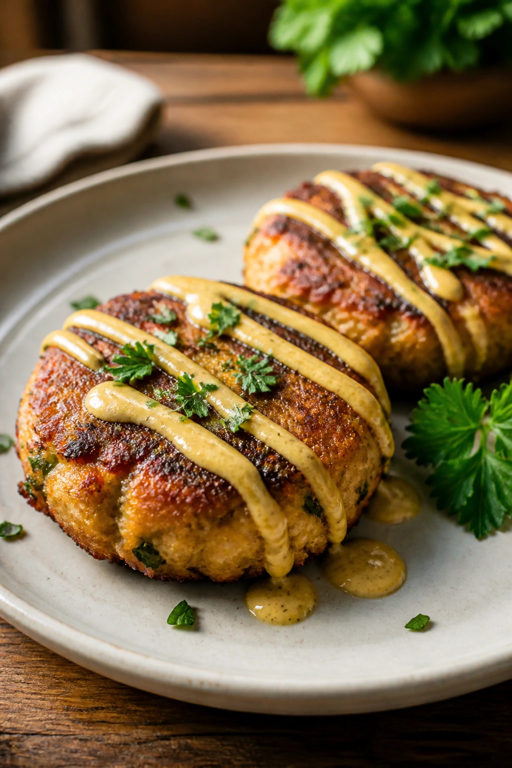 Salmon cakes with mustard mayo on a plate