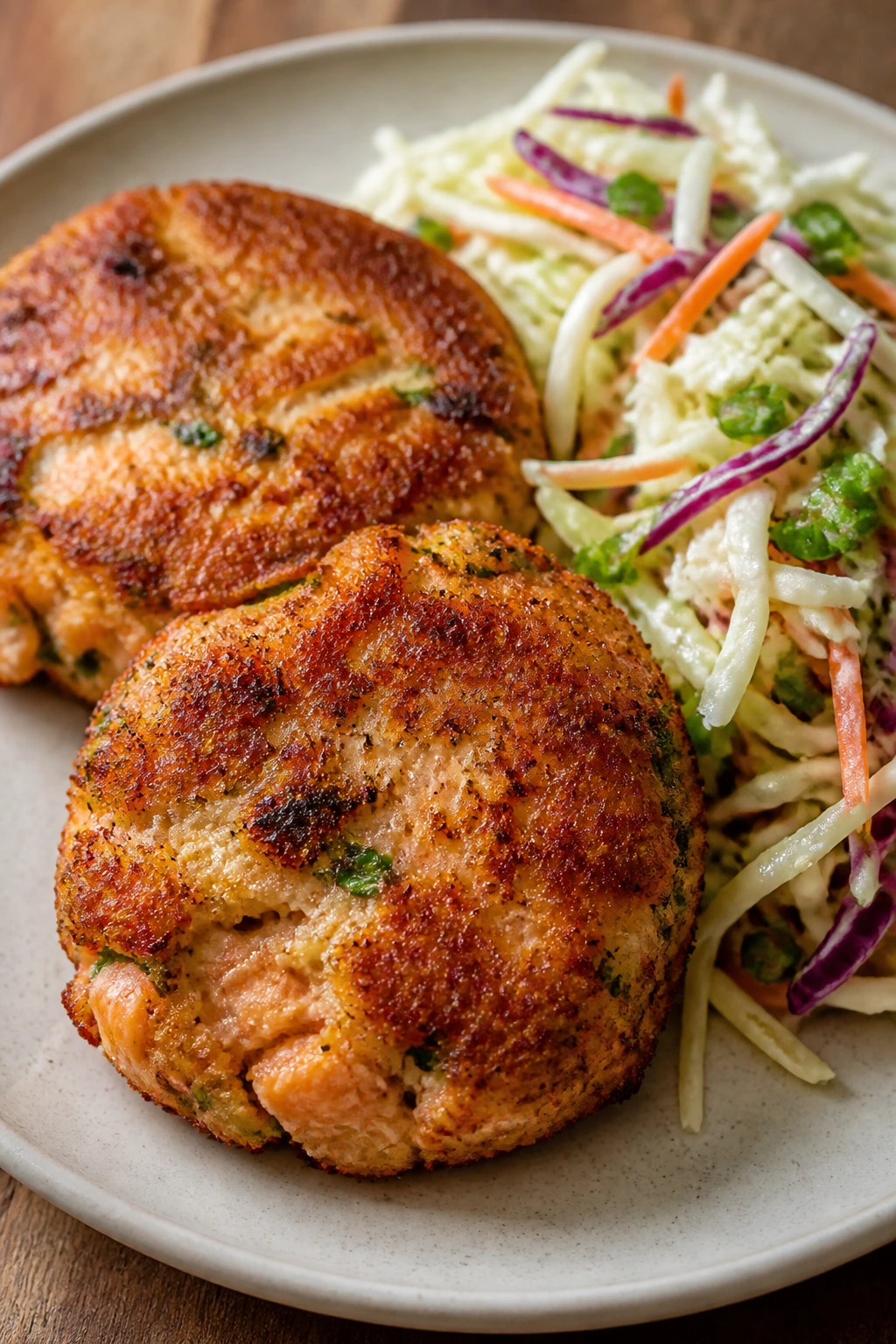 Crispy salmon cakes with crunchy pantry slaw on a plate.