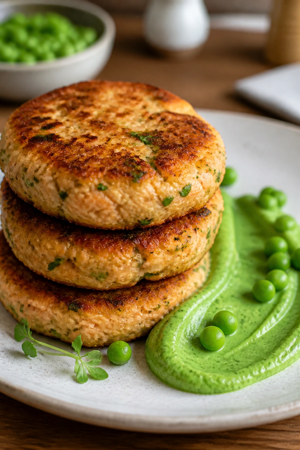 Salmon cakes with pea yogurt sauce on a plate
