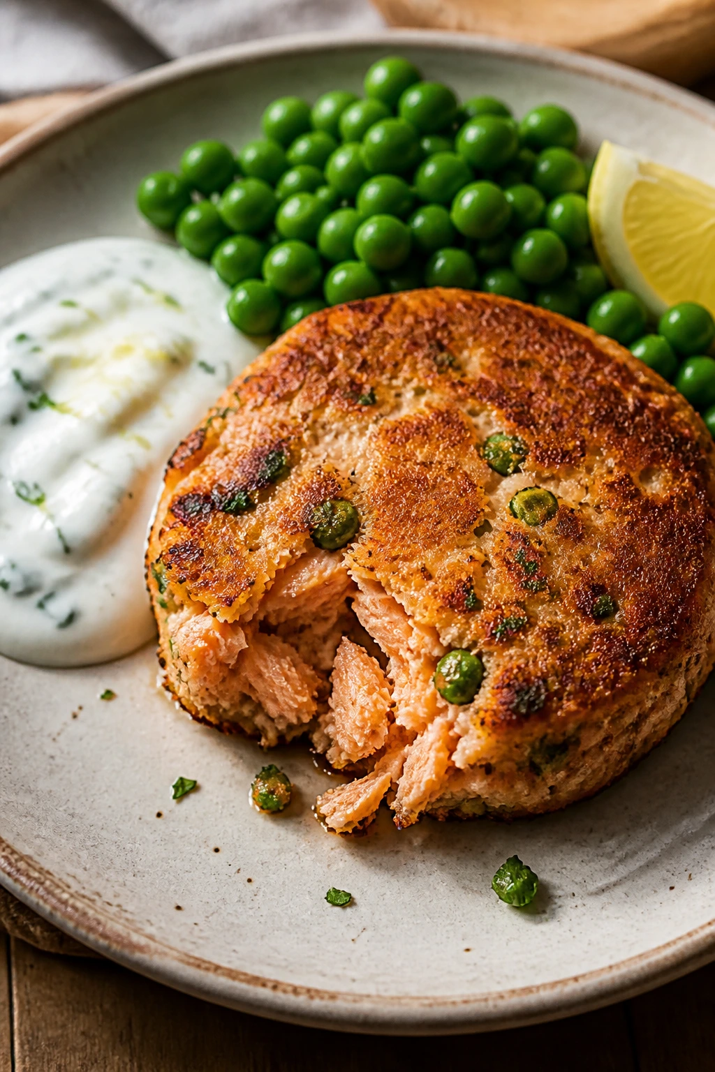 Salmon cake with peas and yogurt dip on plate
