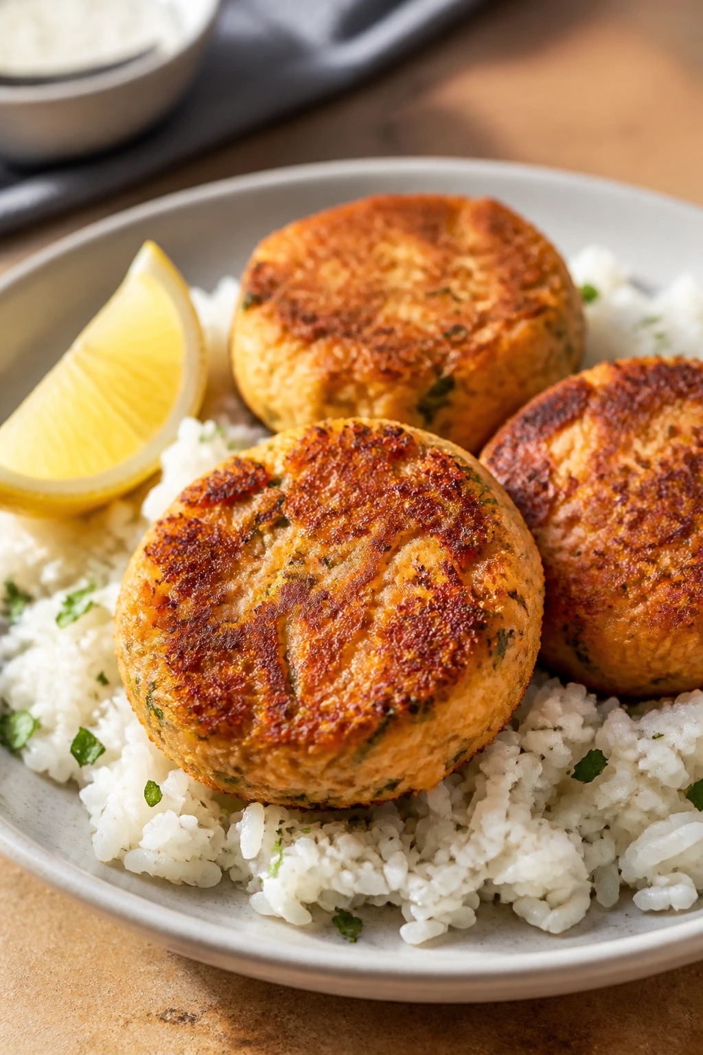 Crispy salmon cakes over rice on a plate