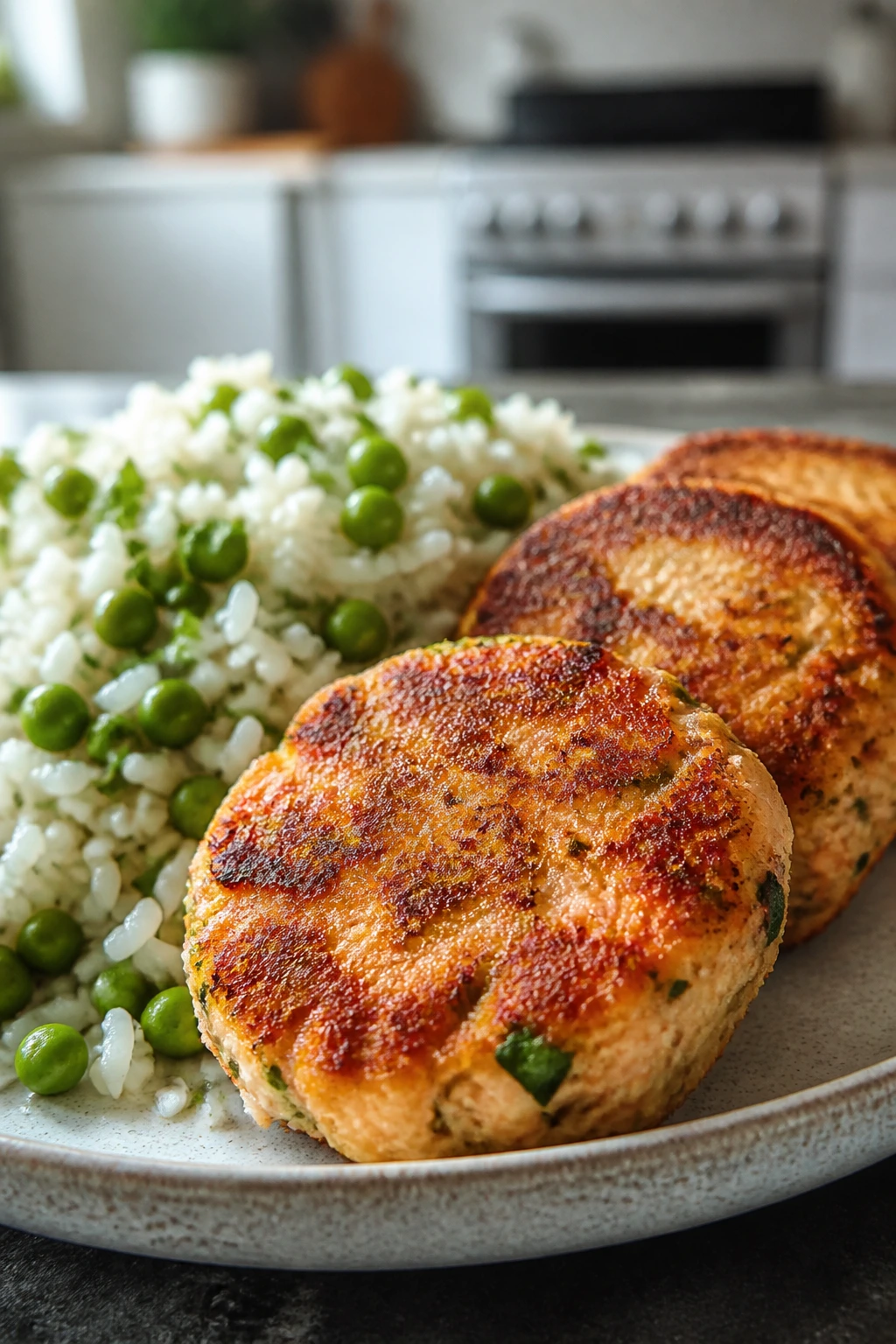 Salmon cakes with rice and peas on a plate in a kitchen setting