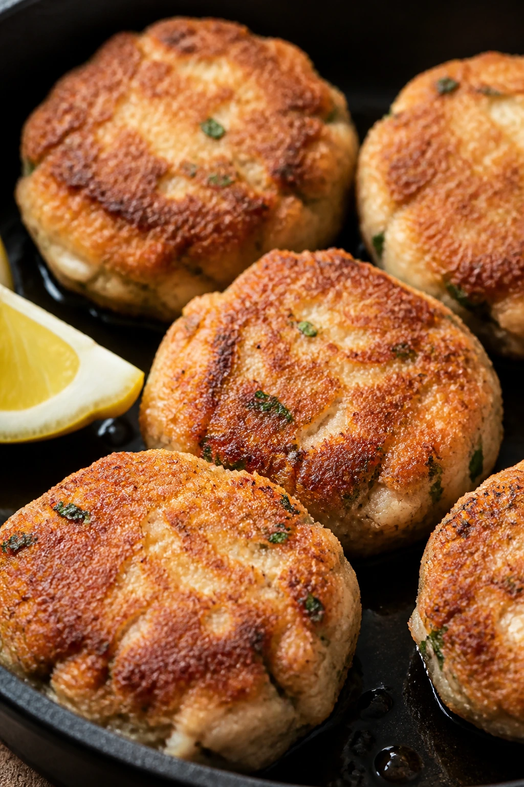 Close-up of crisp salmon cakes in a skillet with lemon wedge