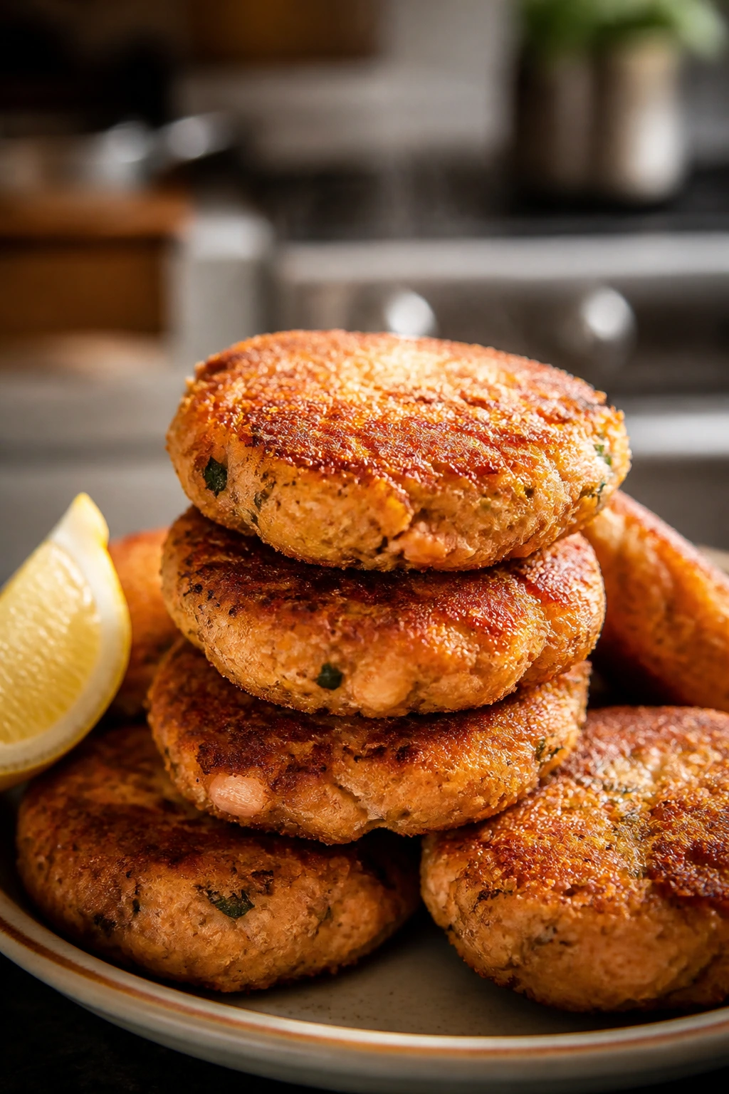 Crispy salmon cakes on a plate with lemon
