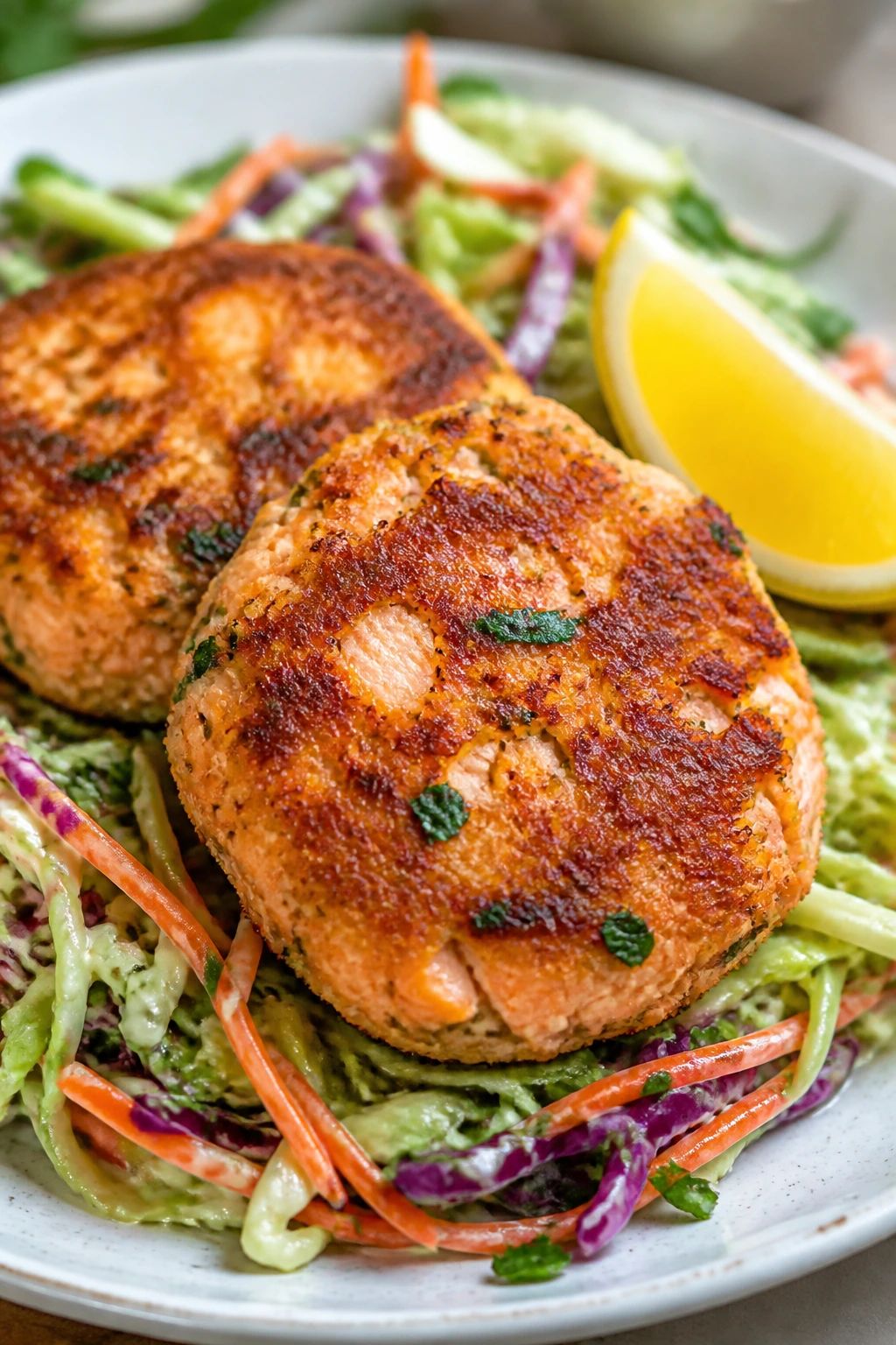Salmon cakes with crunchy slaw on a plate
