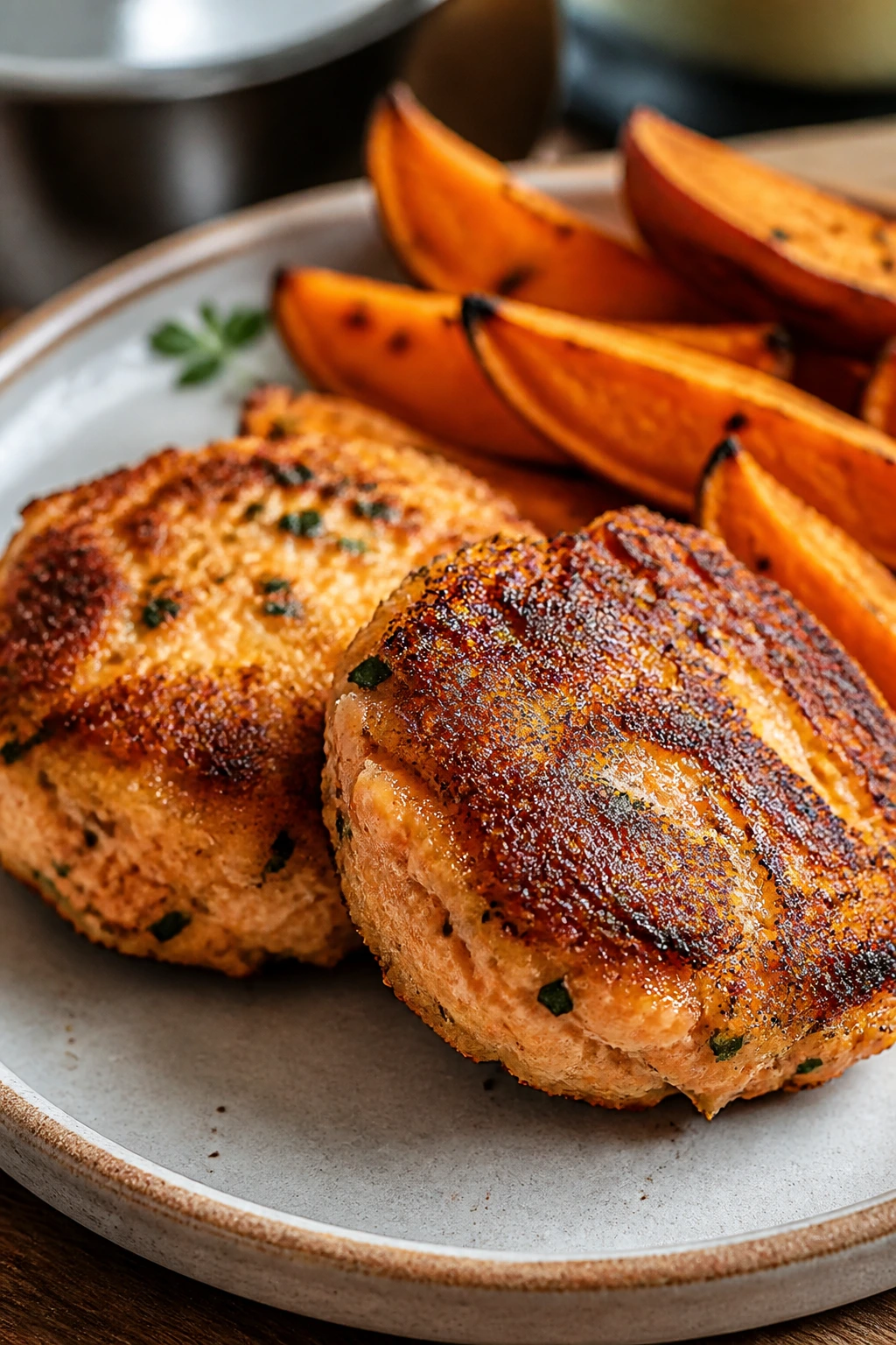 Close-up of crispy salmon cakes with sweet potato wedges on a rustic plate