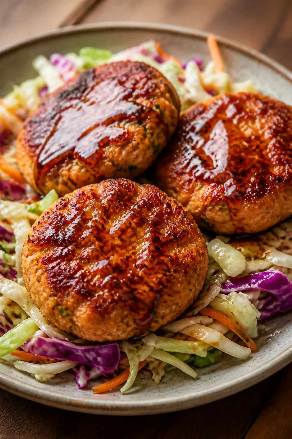 Close-up of teriyaki salmon cakes on slaw with glossy glaze