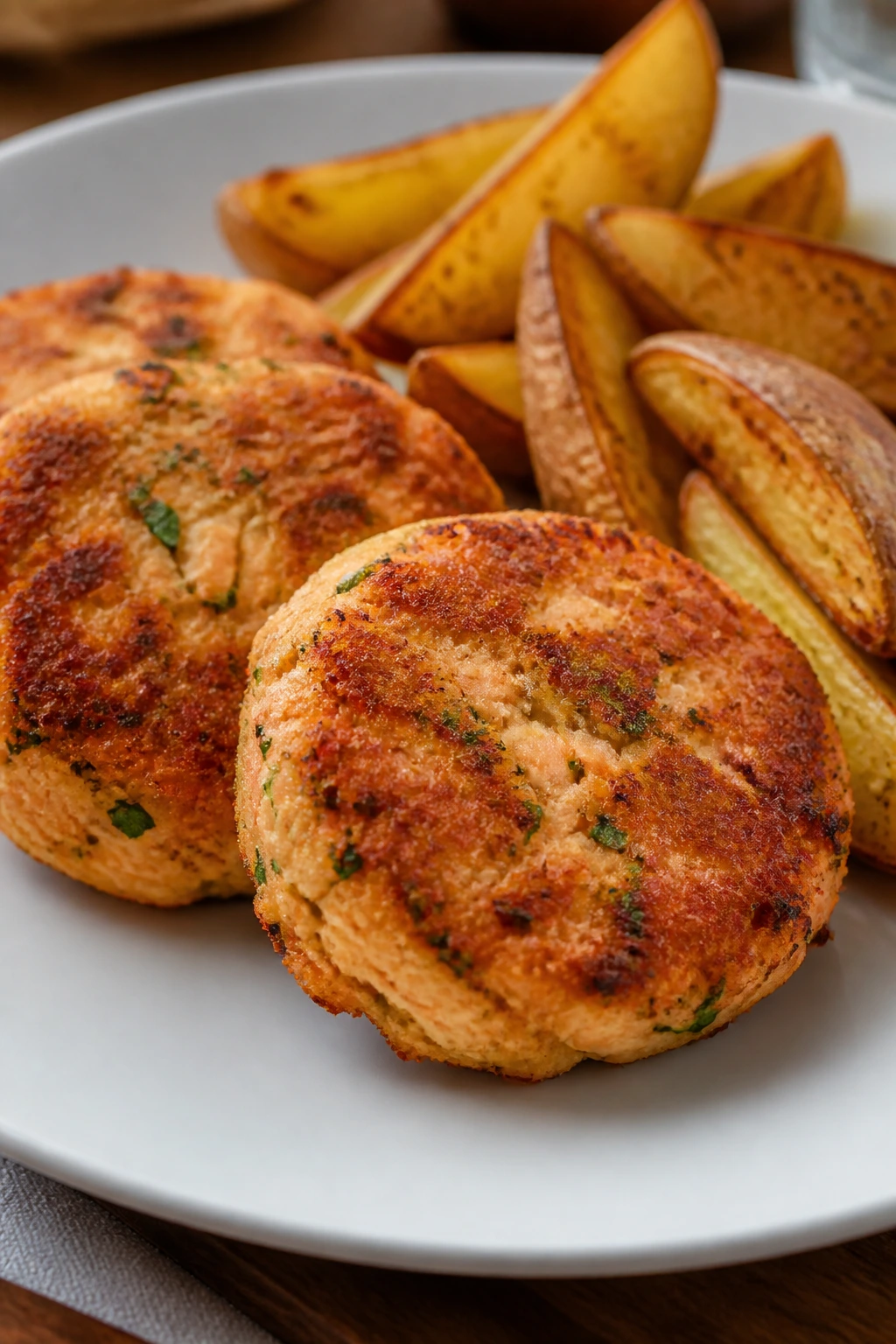 Plate of crispy salmon cakes with potato wedges on a warm table