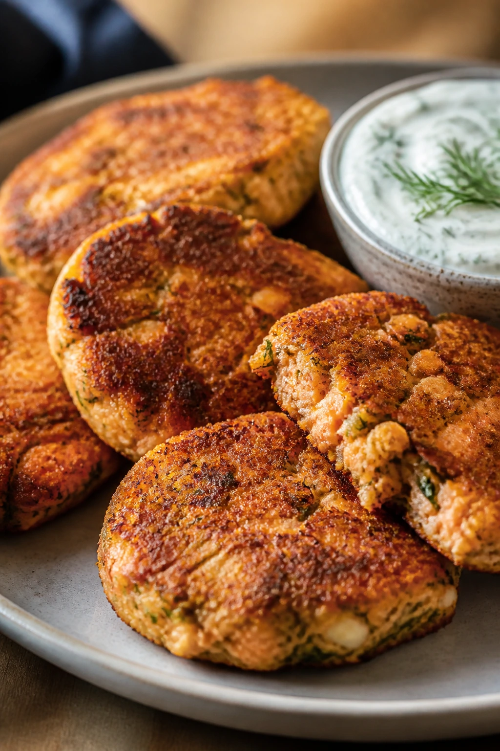Plate of salmon cakes with a touch of yogurt dill dip
