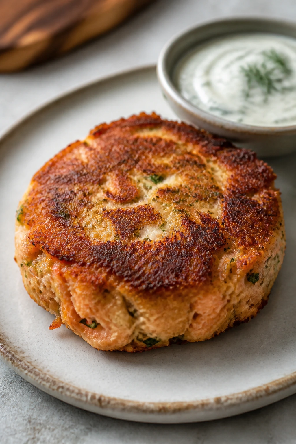 Salmon cake on plate with dill yogurt dip in background