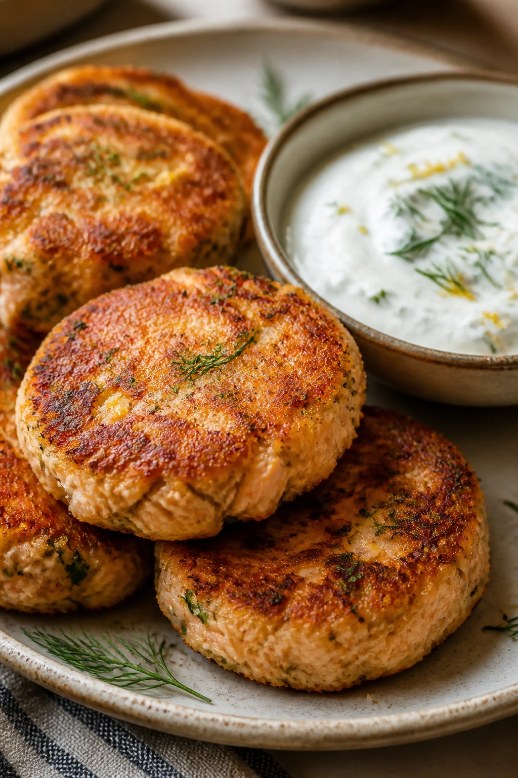 Golden salmon cakes with yogurt dill dip on plate