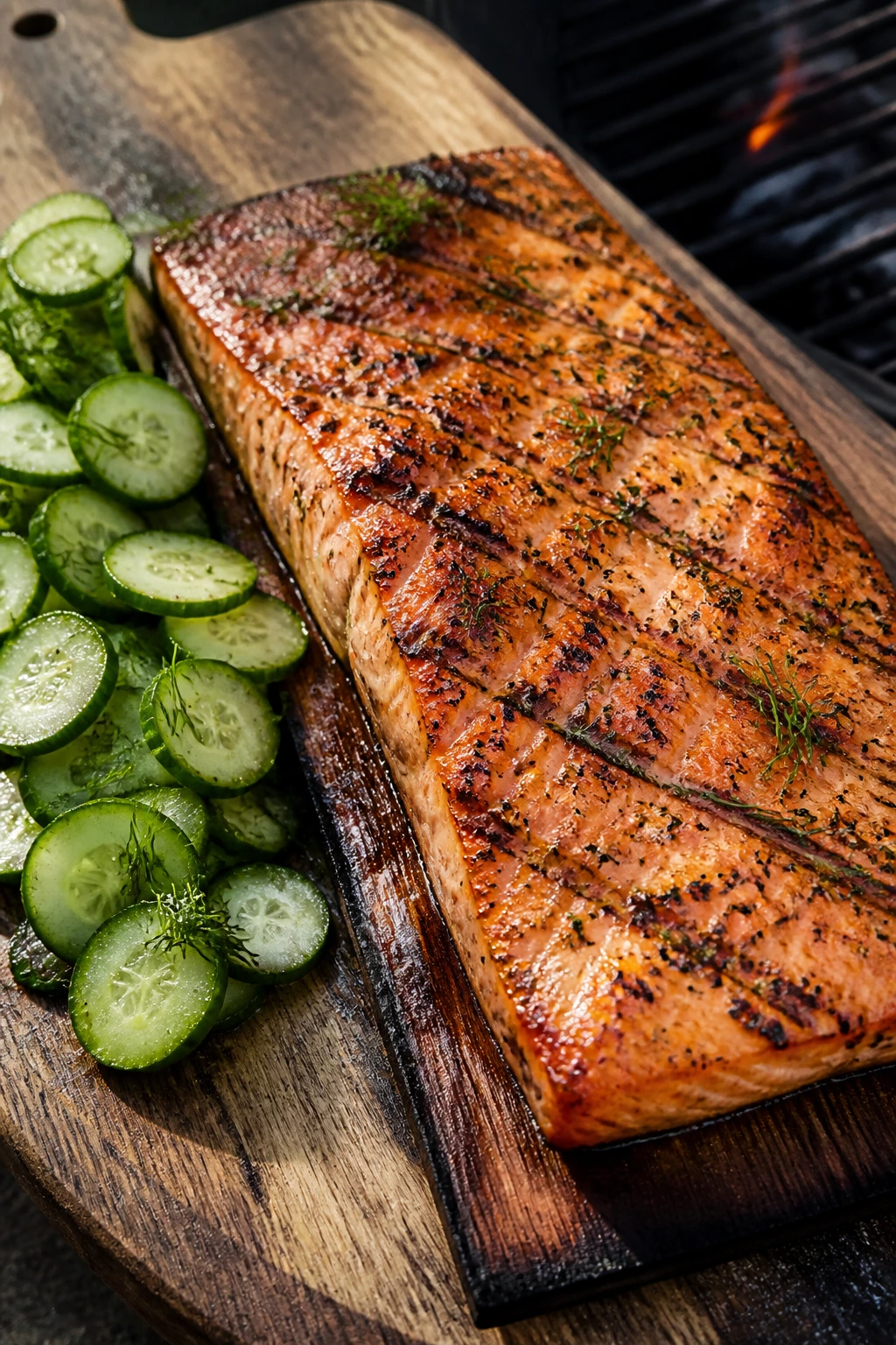 Cedar plank salmon with cucumber dill salad on a rustic board