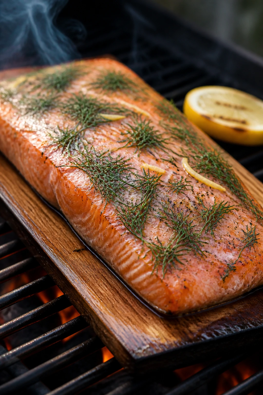 Salmon on a cedar plank with dill on the grill
