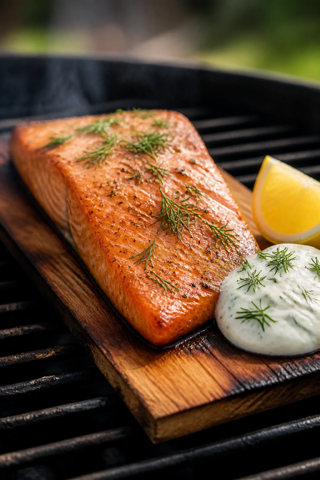 Salmon on cedar plank with dill yogurt sauce on a wooden board