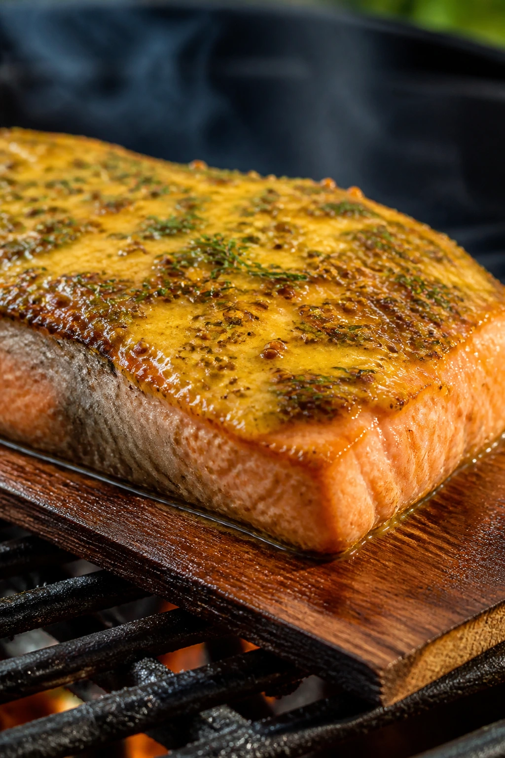 Close-up of cedar-plank salmon with mustard-dill glaze on a cedar plank outdoors