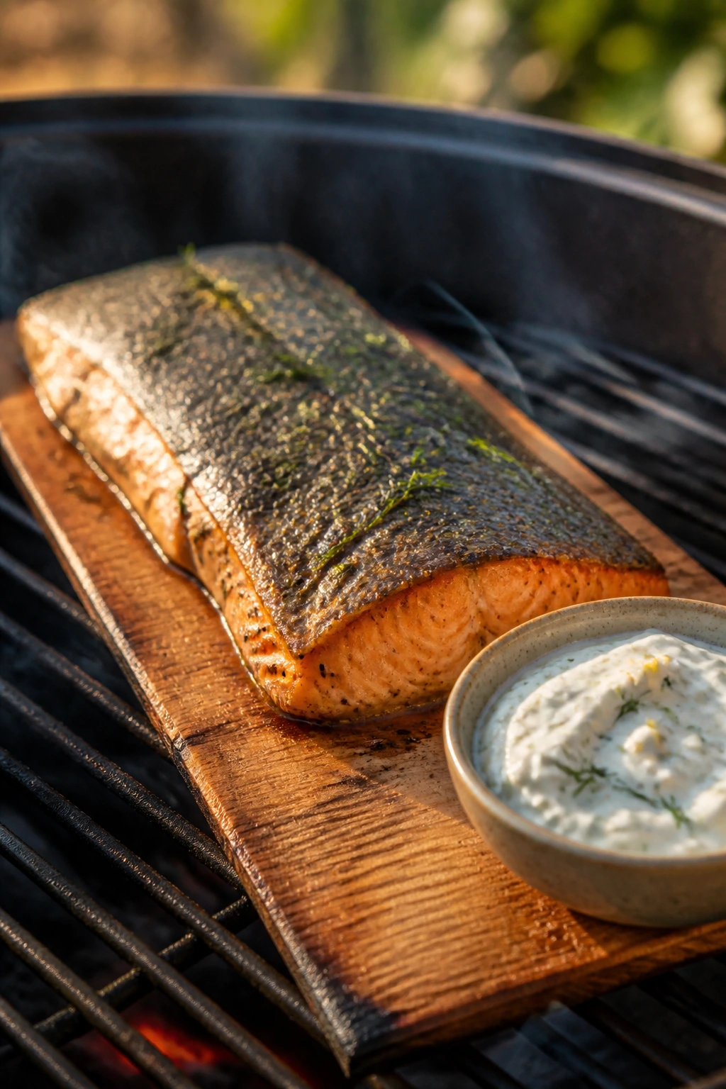 Salmon on cedar plank cooking on grill with yogurt sauce.