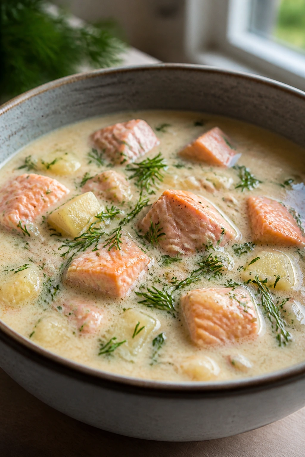 Salmon chowder with dill garnished in a bowl