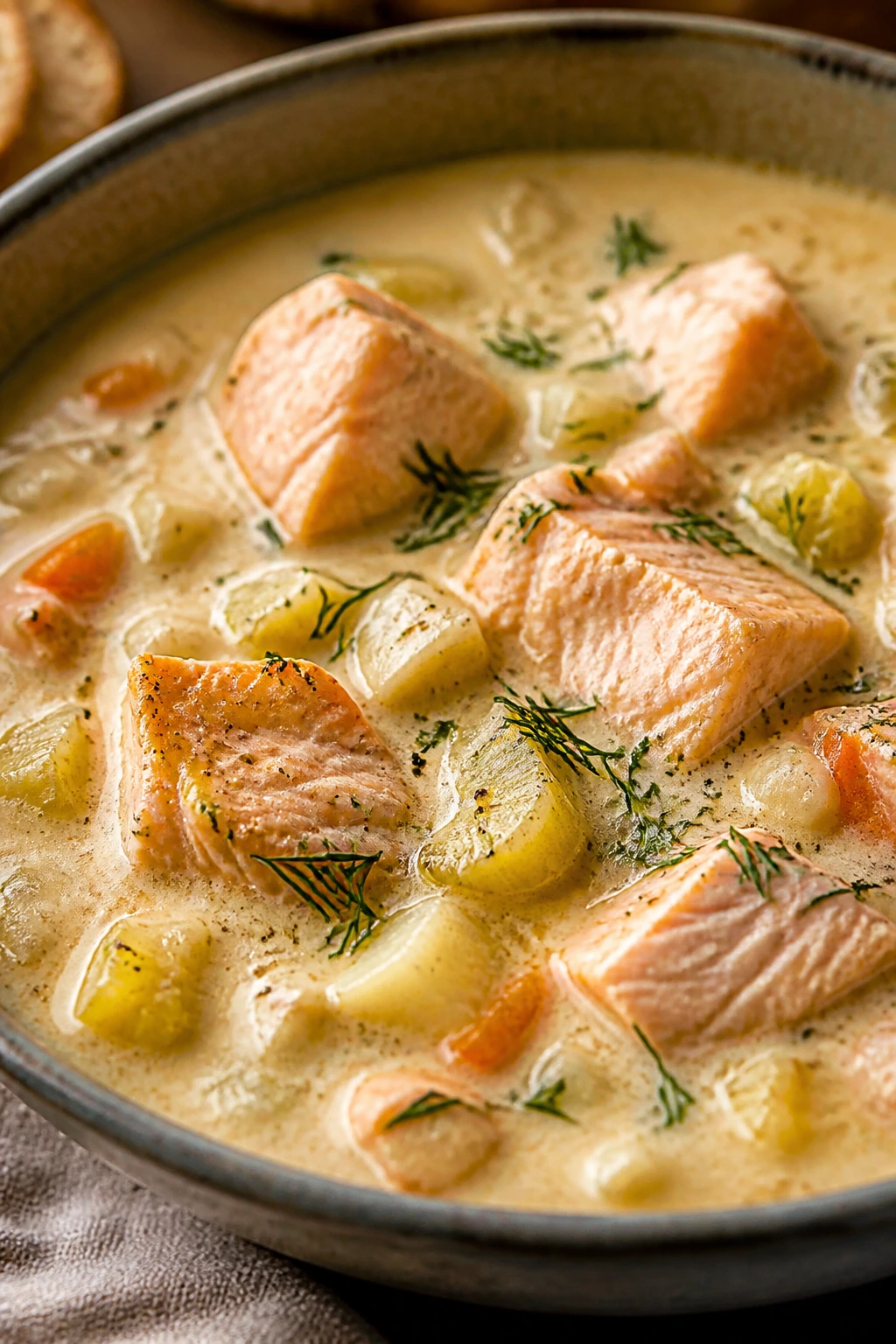 Creamy smoky salmon chowder with dill in a bowl