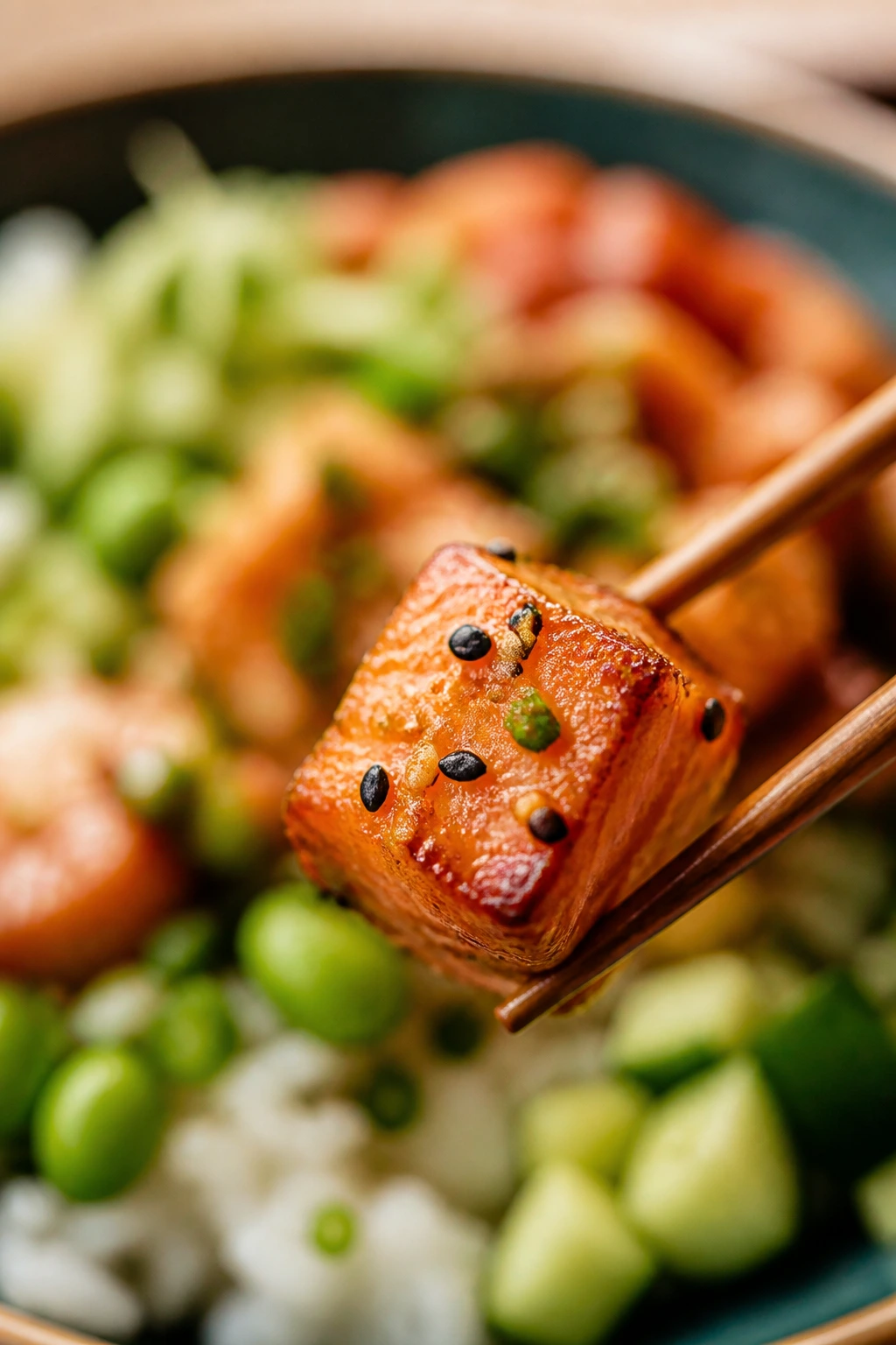 Crisp-edged salmon cube with glaze and sesame seeds