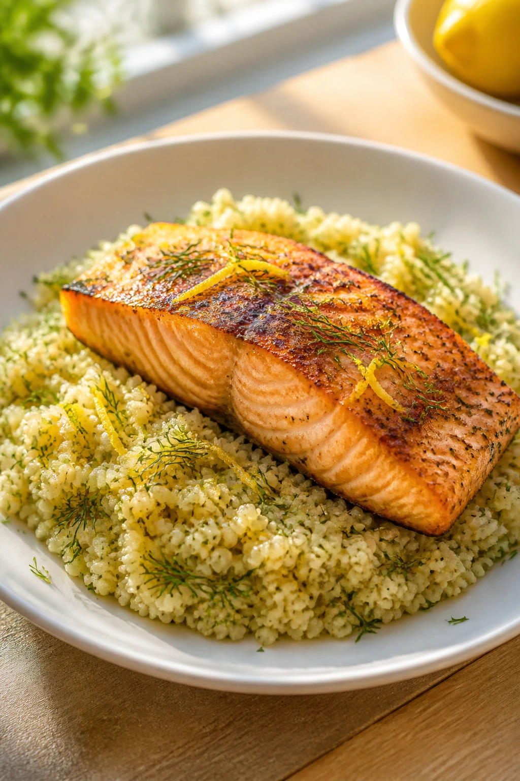 Salmon on lemon dill couscous