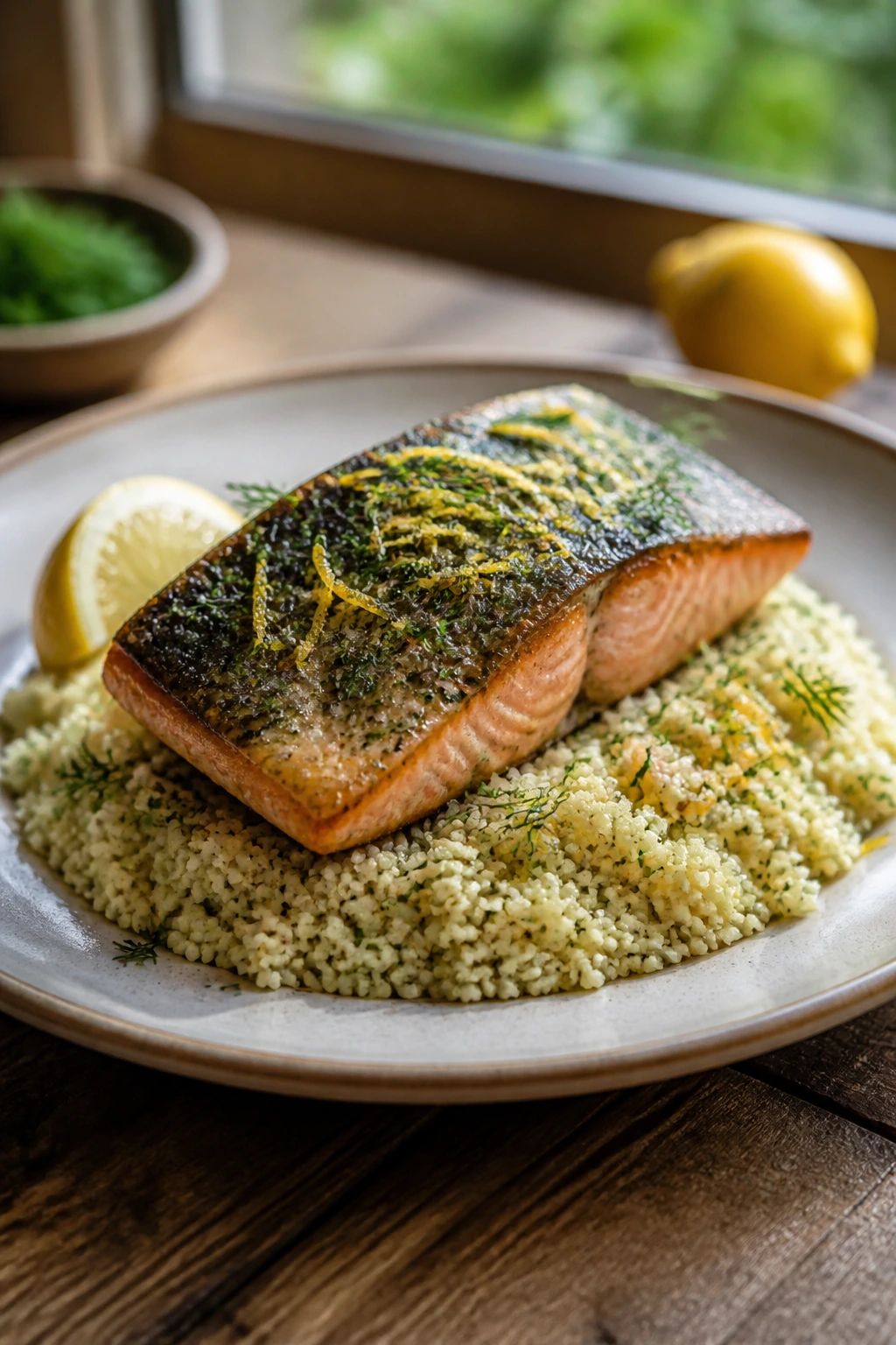 Salmon fillet on lemon-dill couscous on plate