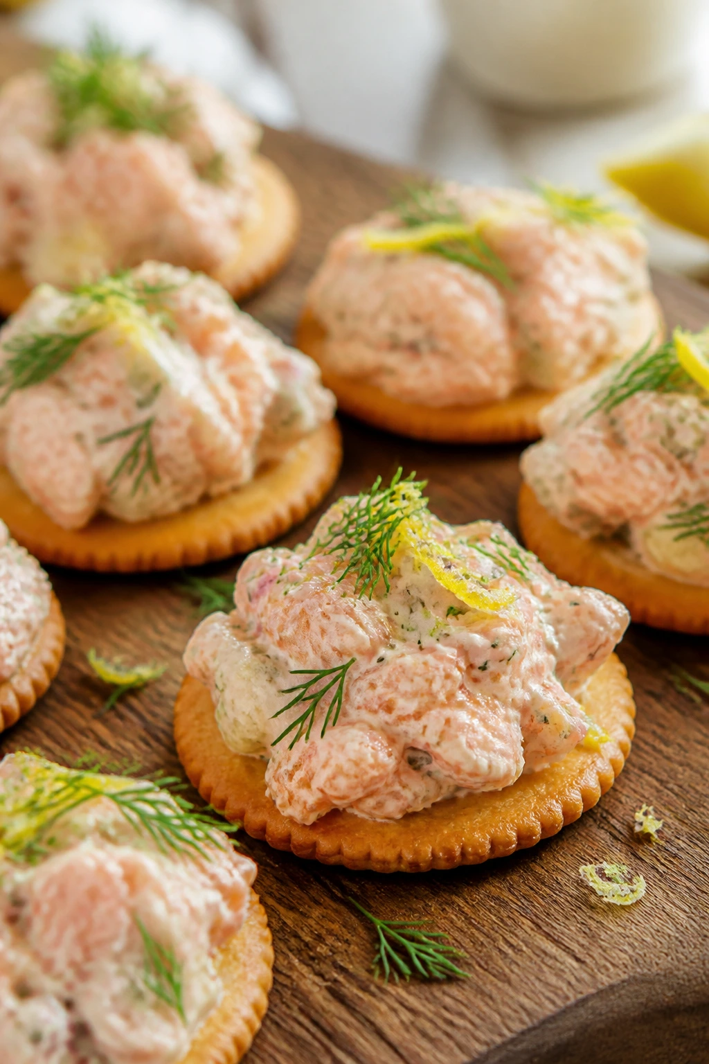 Close-up of salmon salad on crackers arranged on a wooden board in a bright kitchen