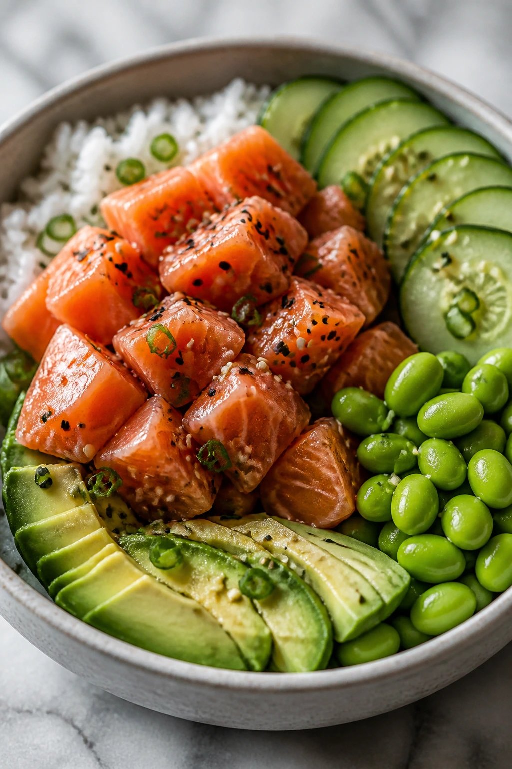 Close-up of Sushi-Inspired Salmon Cucumber Bowl