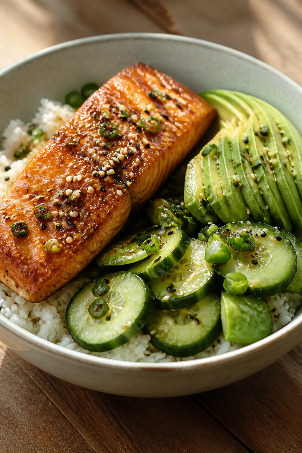 Salmon cucumber rice bowl with avocado