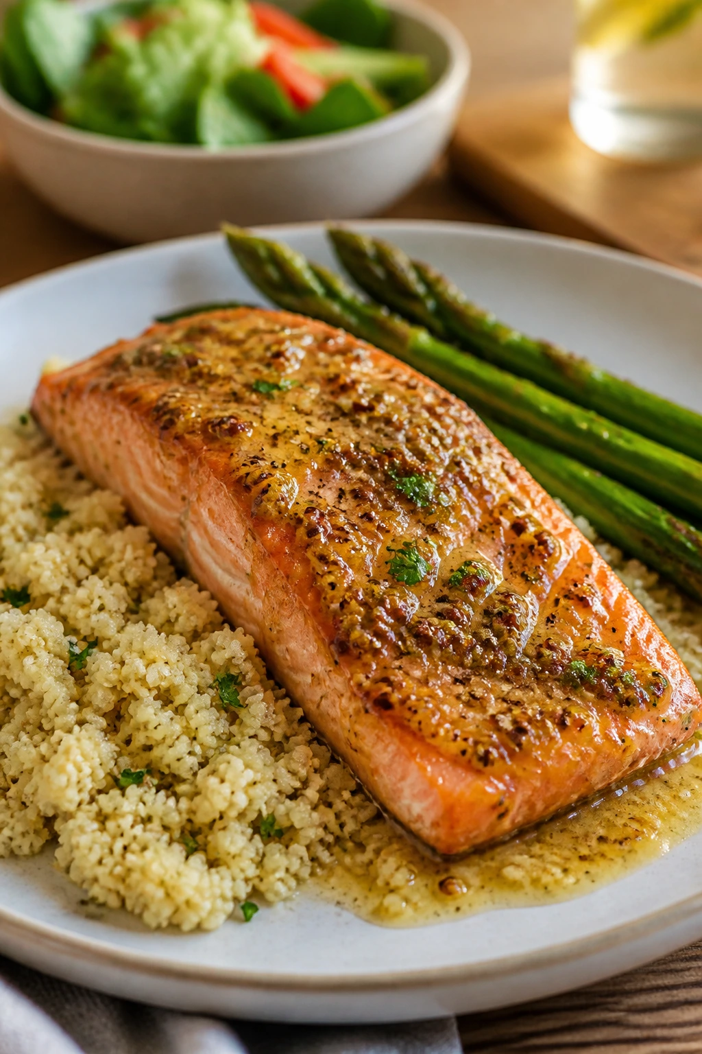 Dijon-glazed salmon with couscous and asparagus on a plate