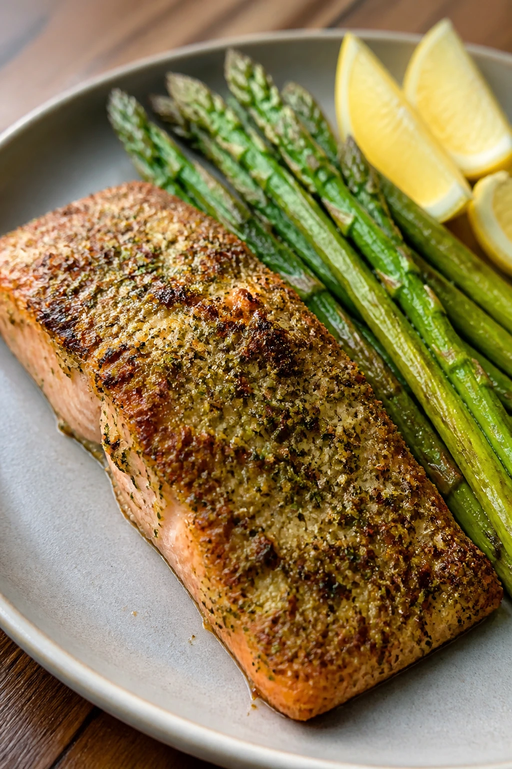 Salmon fillet with Dijon crust and roasted asparagus