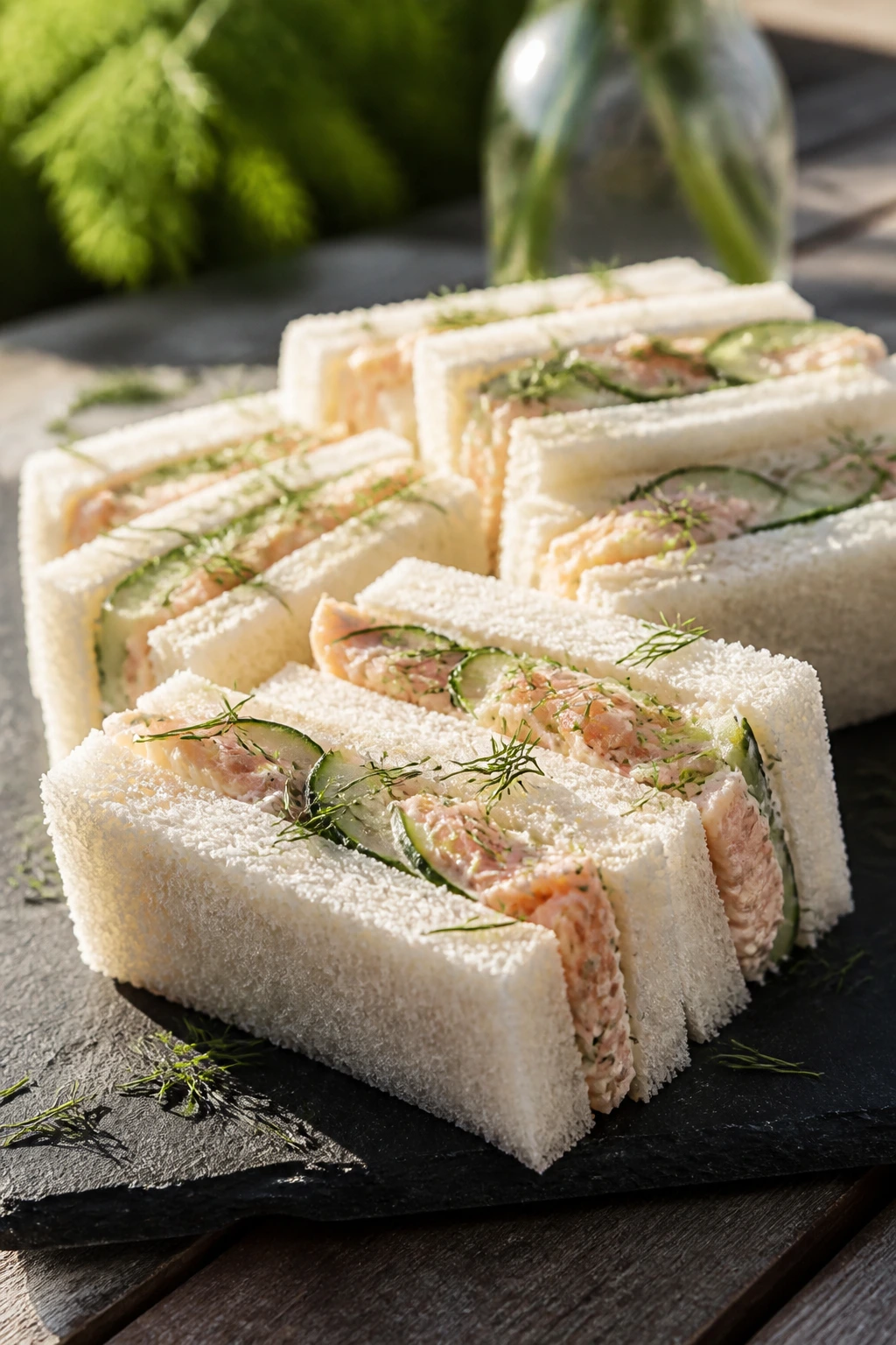 Close-up of salmon dill cucumber finger sandwiches on a board outdoors