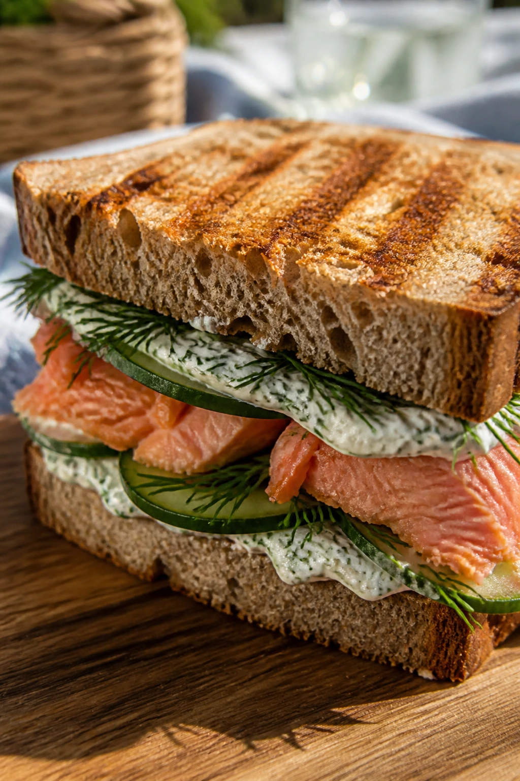 Close-up of Salmon Dill Cucumber Sandwich on rye with cucumber slices