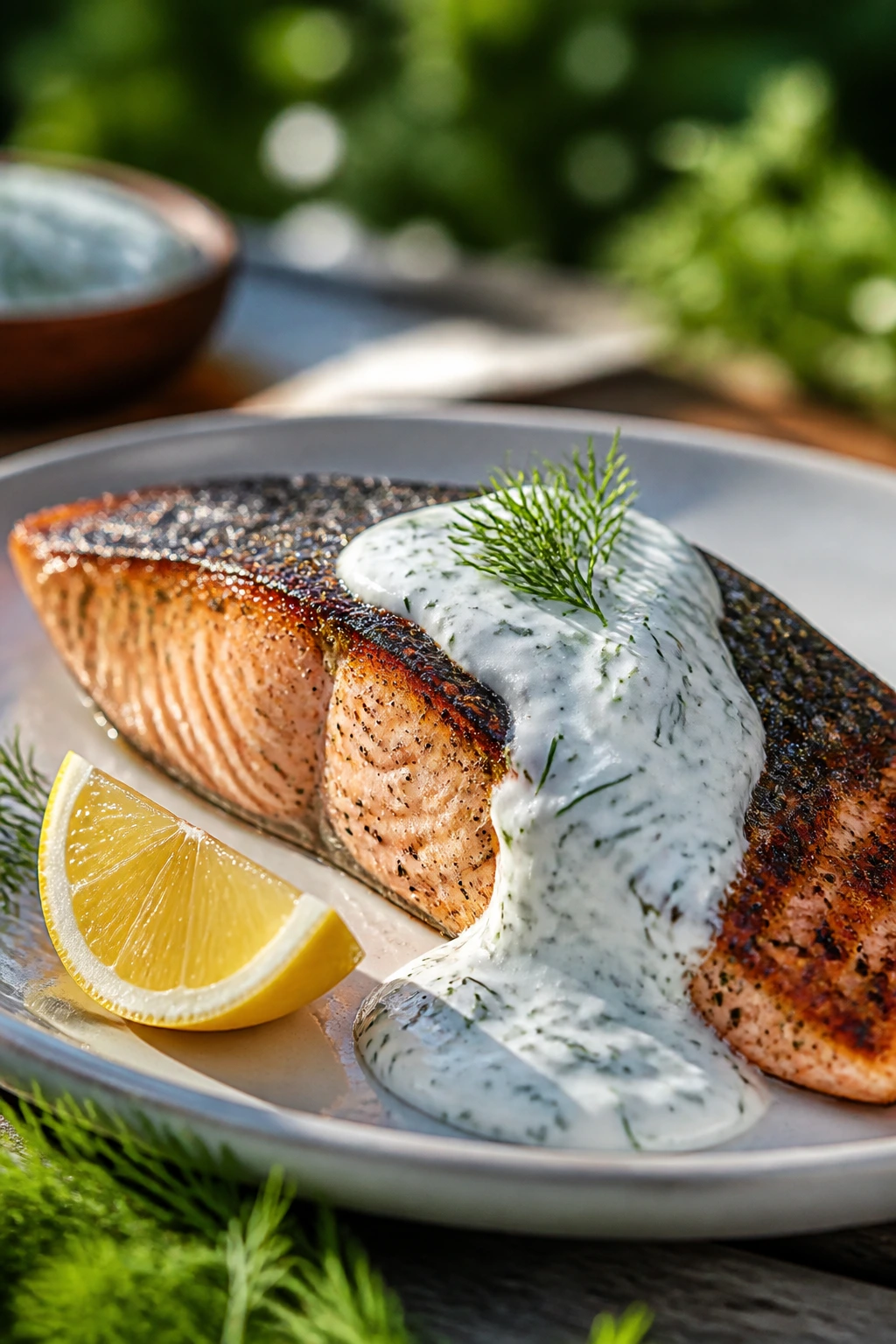 Salmon fillet with dill yogurt sauce on outdoor table