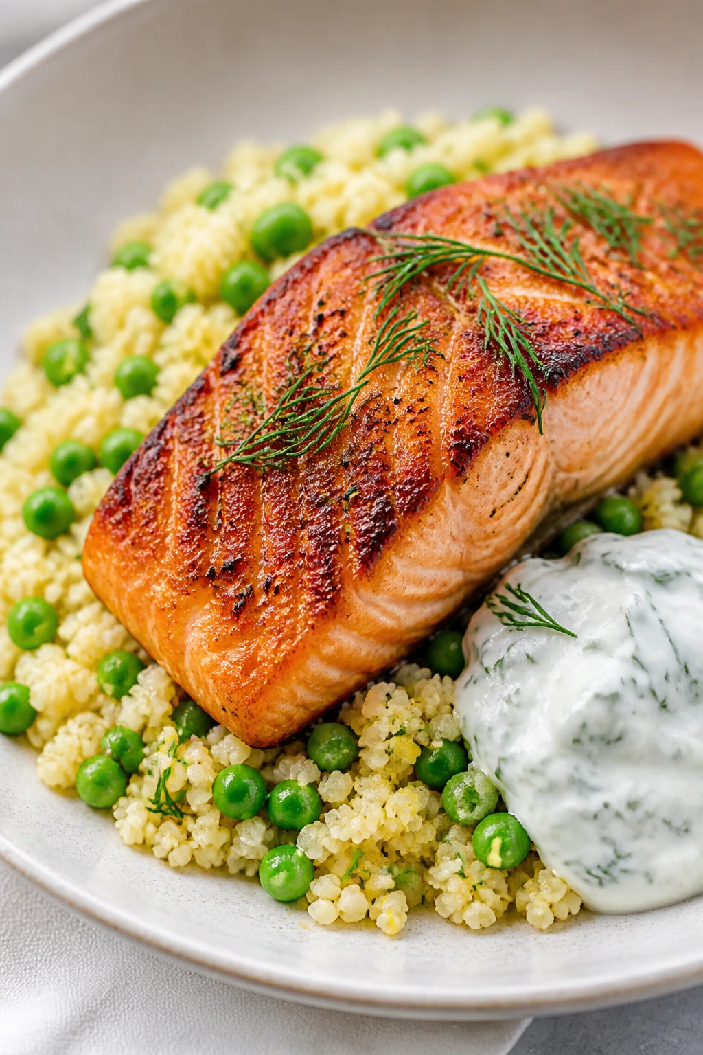 Seared salmon with dill yogurt over couscous and peas