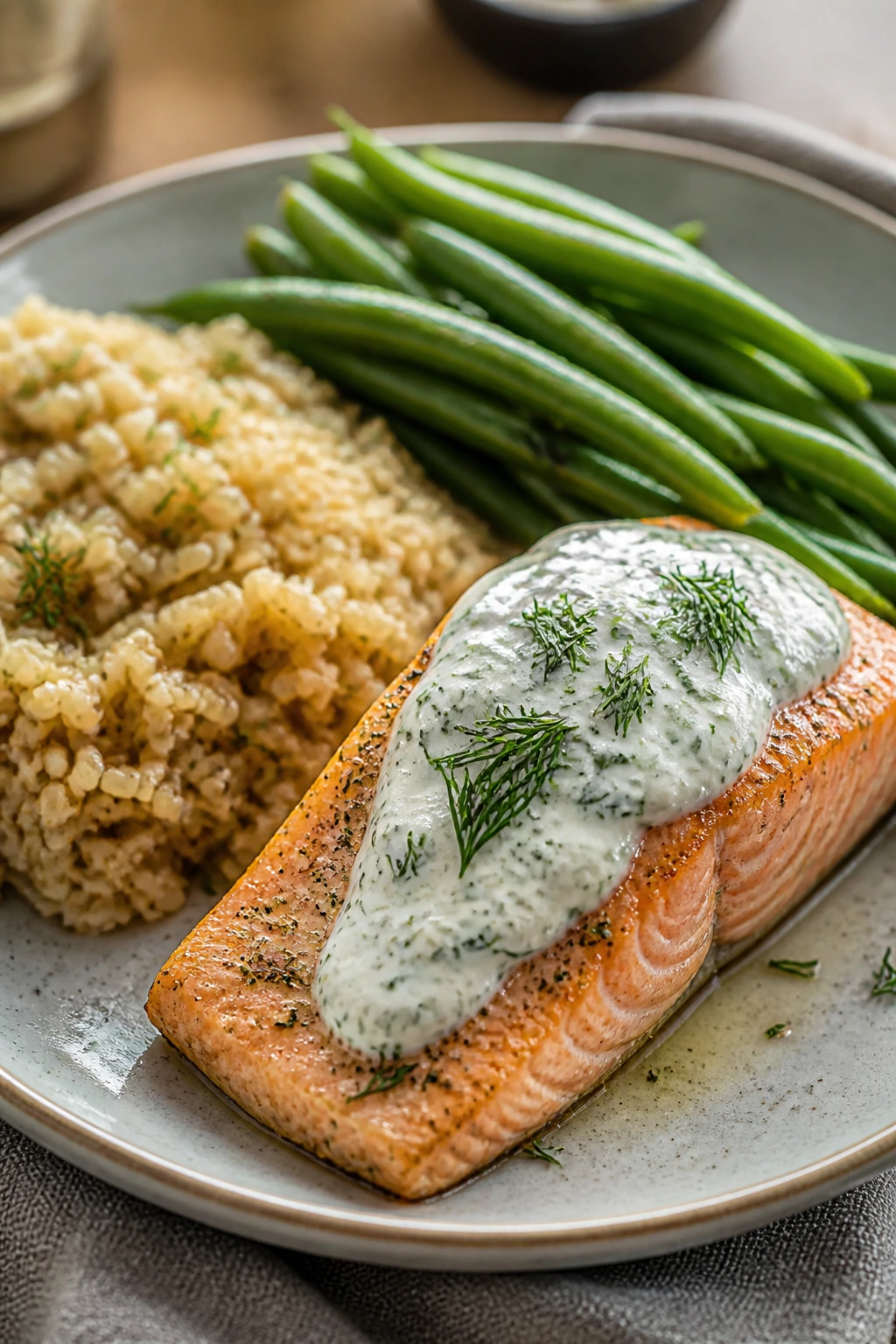 Baked salmon with dill yogurt, green beans, and brown rice on plate