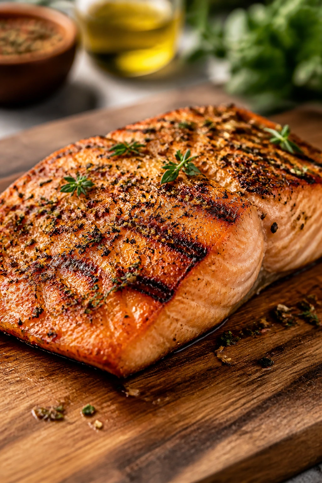 Salmon fillet with dry rub and herbs on a wooden board
