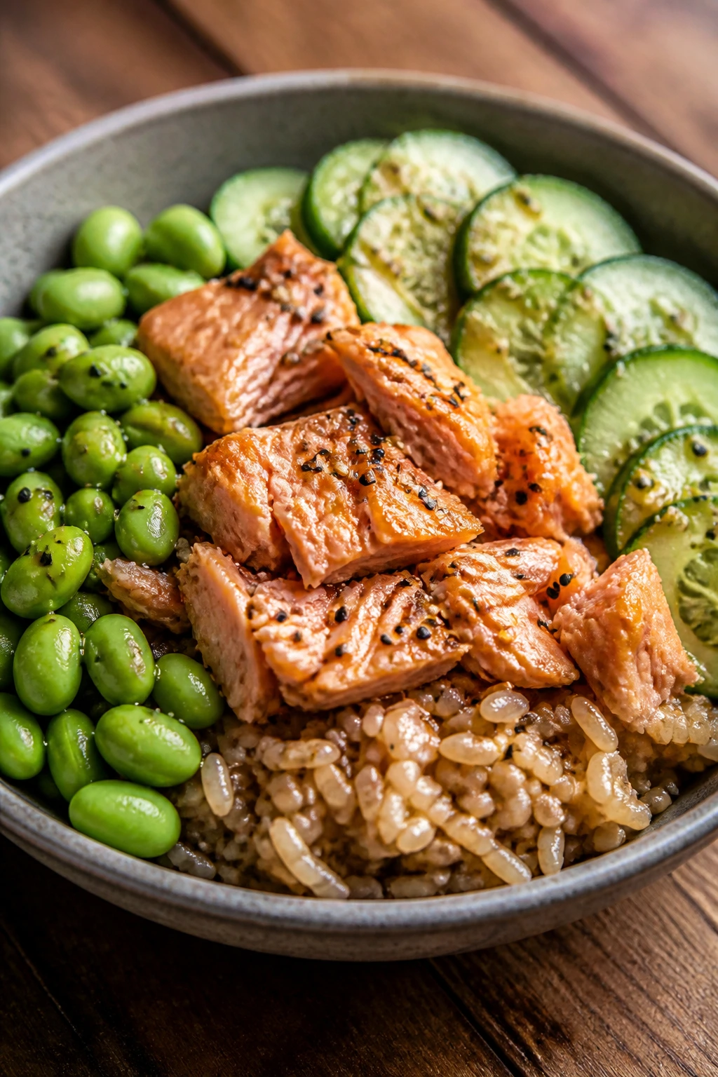 Close-up of a salmon rice bowl with edamame and cucumber