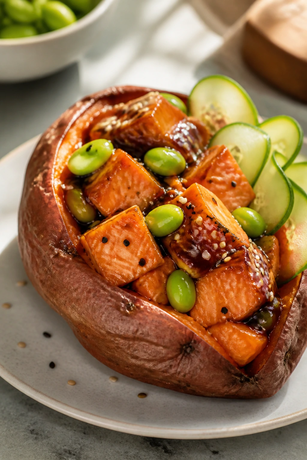 Stuffed sweet potato with salmon edamame teriyaki