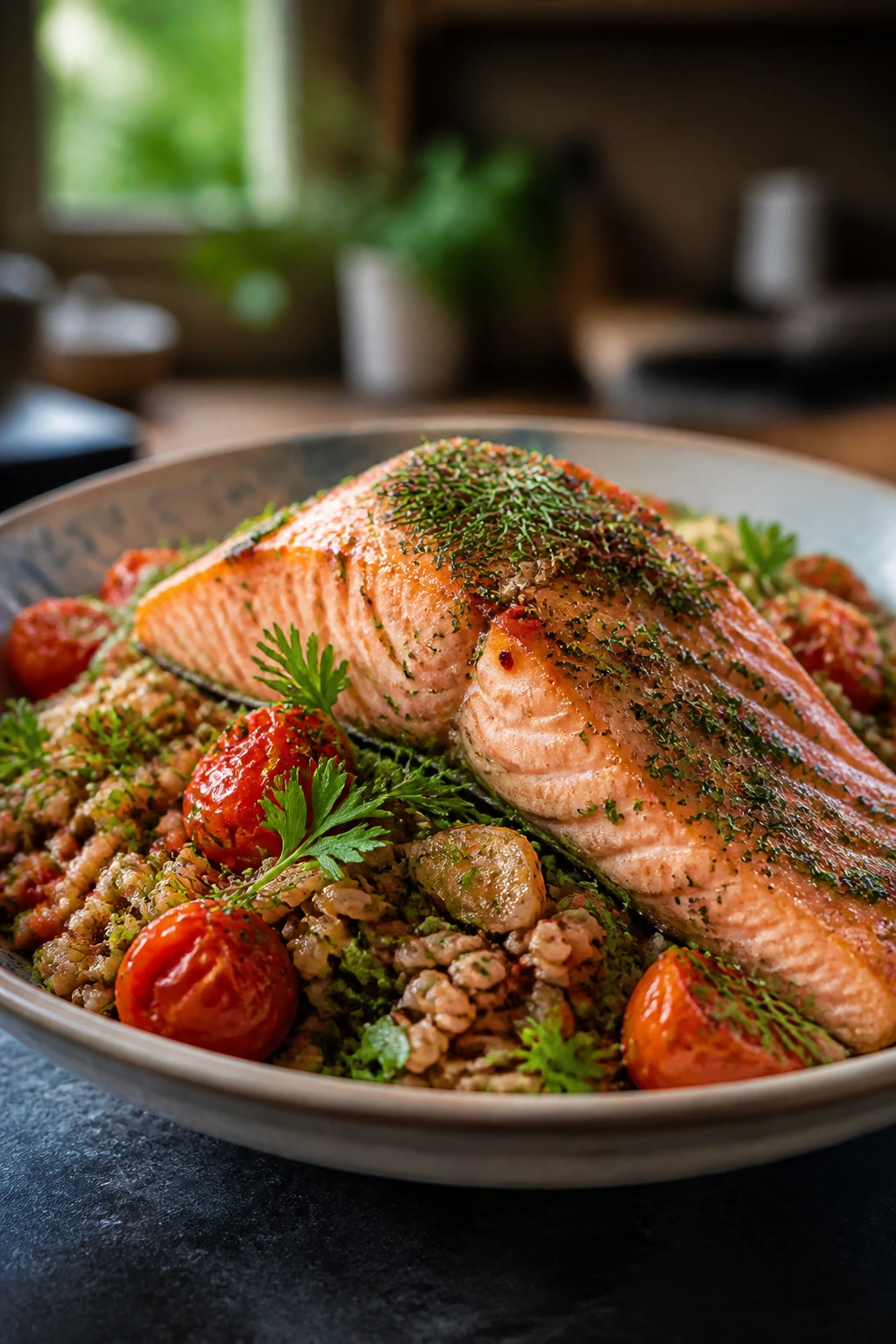 Close-up of salmon farro bowl with dill parsley and tomatoes