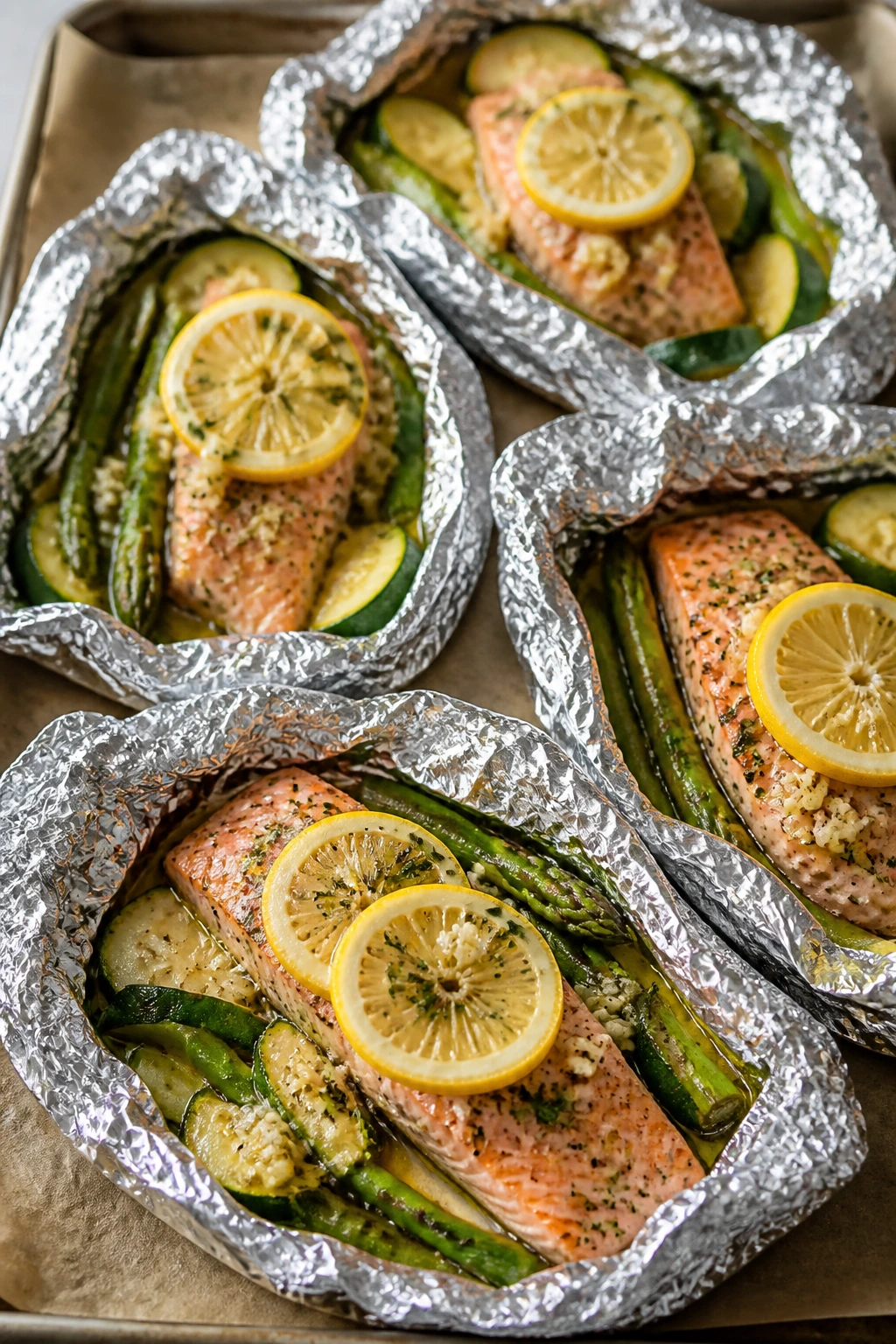 Four salmon foil packs with vegetables and lemon
