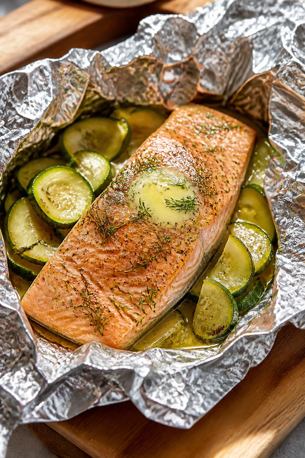 Salmon foil pack with zucchini and dill butter on a wooden board